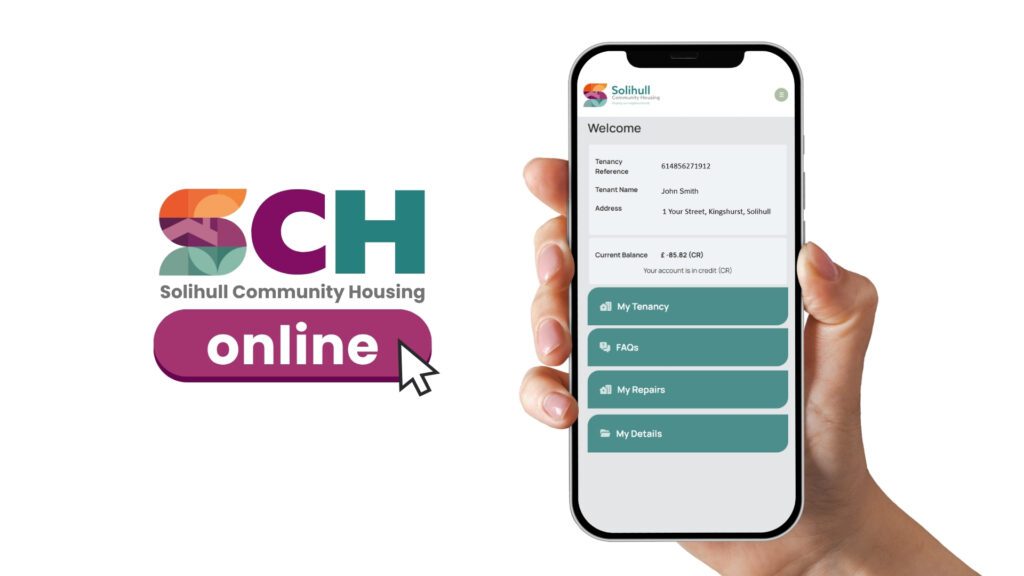 A hand holding a phone that's displaying the SCH Online home page